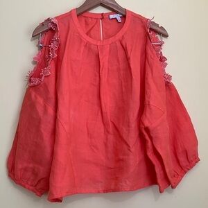 Eri & Ali | Jemima 100% Linen Coral Balloon Sleeve Cold Shoulder Floral Top S